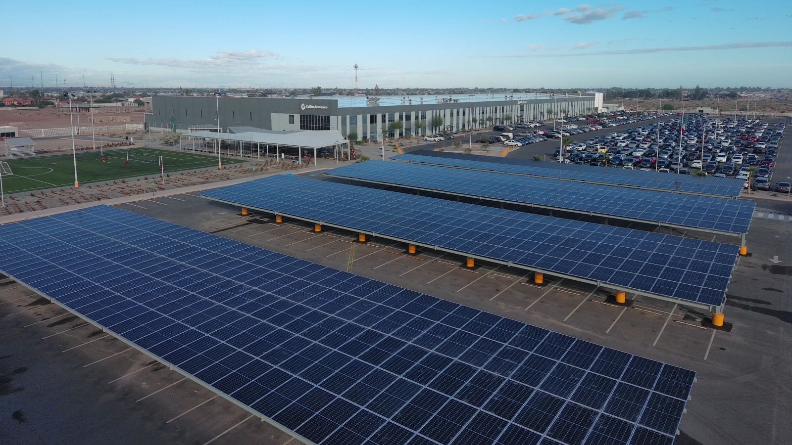 Solar panels absorbing light in a parking lot next to numerous cars and building.