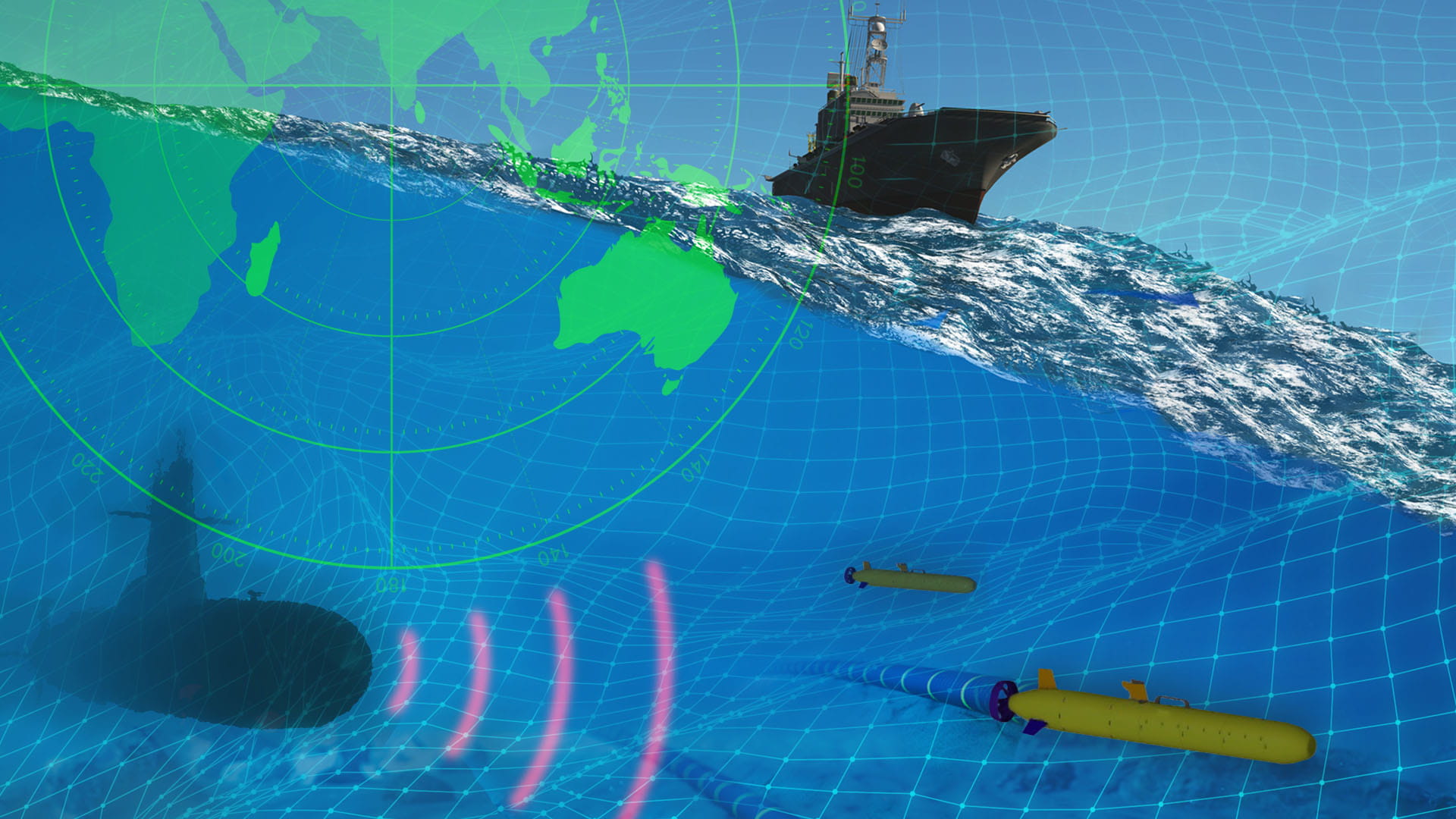 ship and submarine above and below water