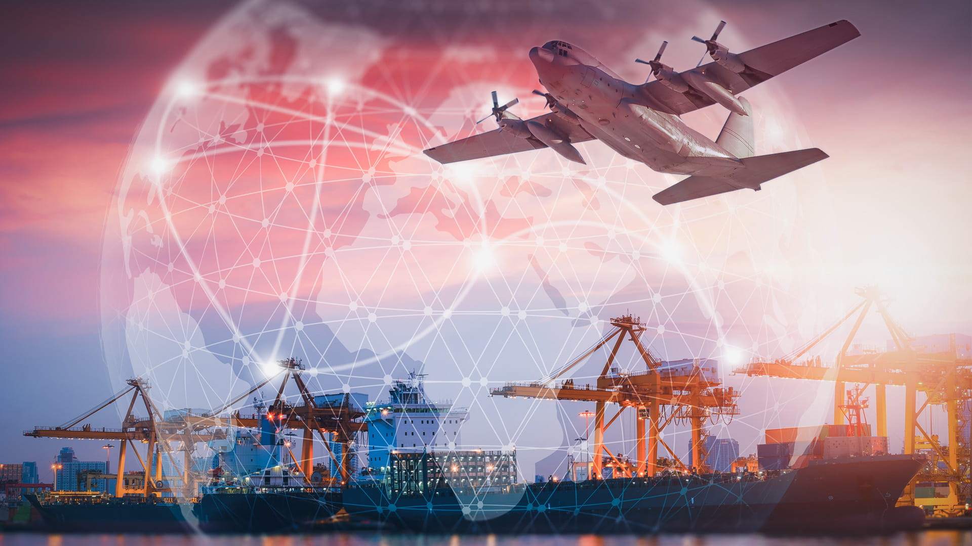 quad propeller aircraft flying over port offloading facility