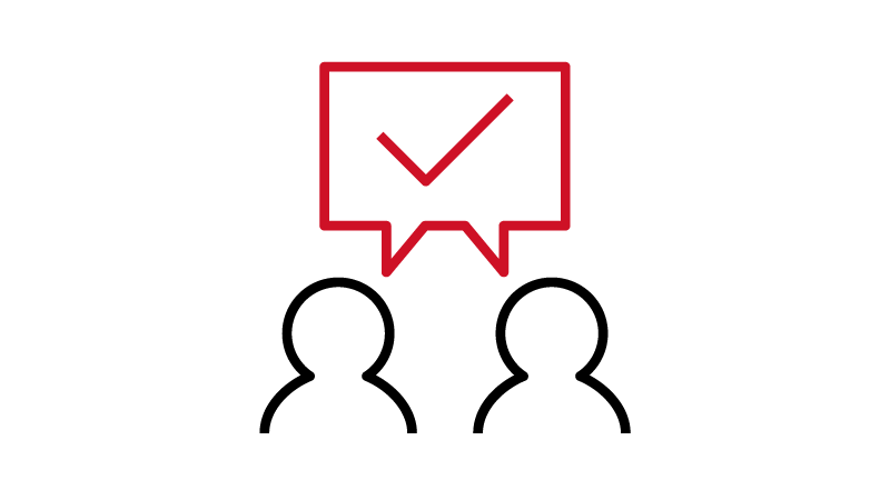 Icon illustrating two people in black with a large red box and red check mark above.